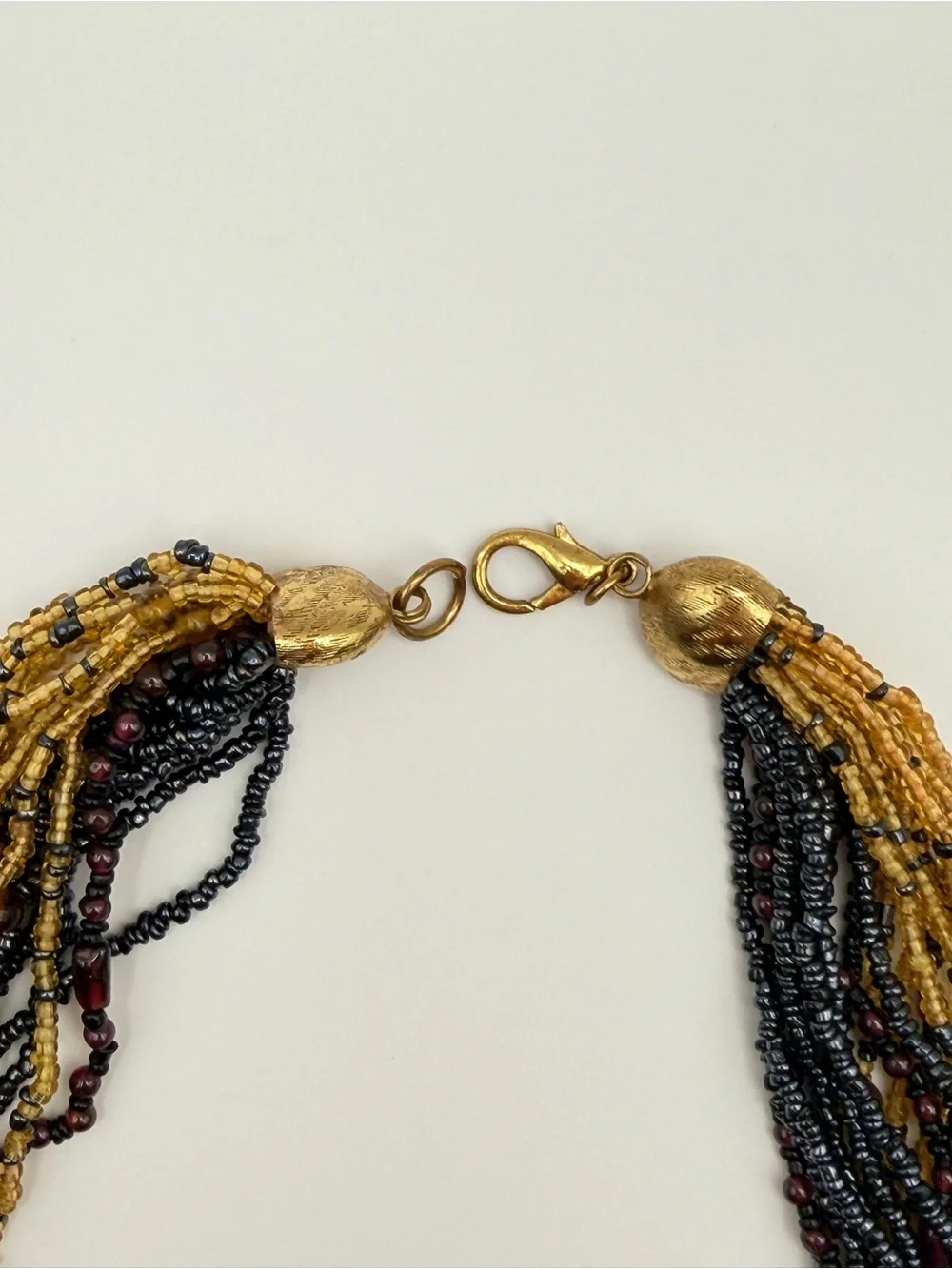 Vintage Multi-Strand Black & Gold Beaded Necklace & Clip-On Earrings Set
